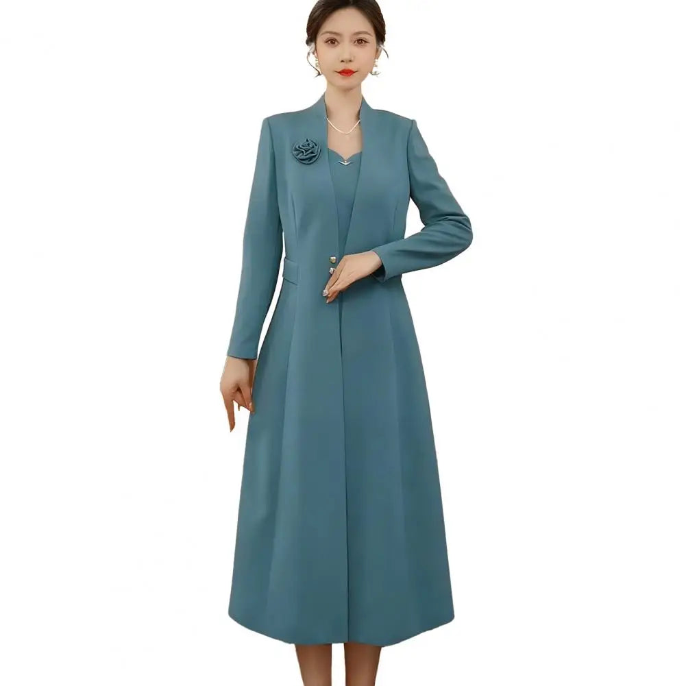 Autumn Winter Womens Suits 2 Piece Set Formal Long Blazers Jacket Long Sleeve A-Line Dress Set for Wedding Party