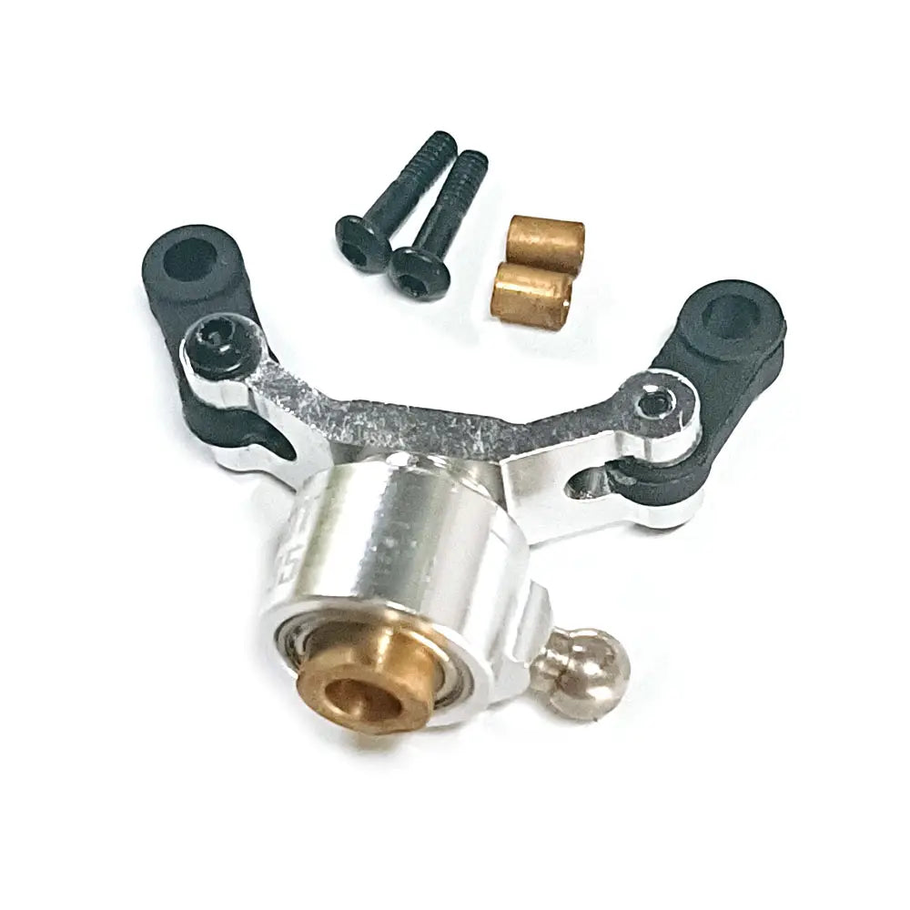 Silver and black metal tail rotor control servo horn with brass bearings and mounting hardware in the rotor control set for T-rex 500 helicopter