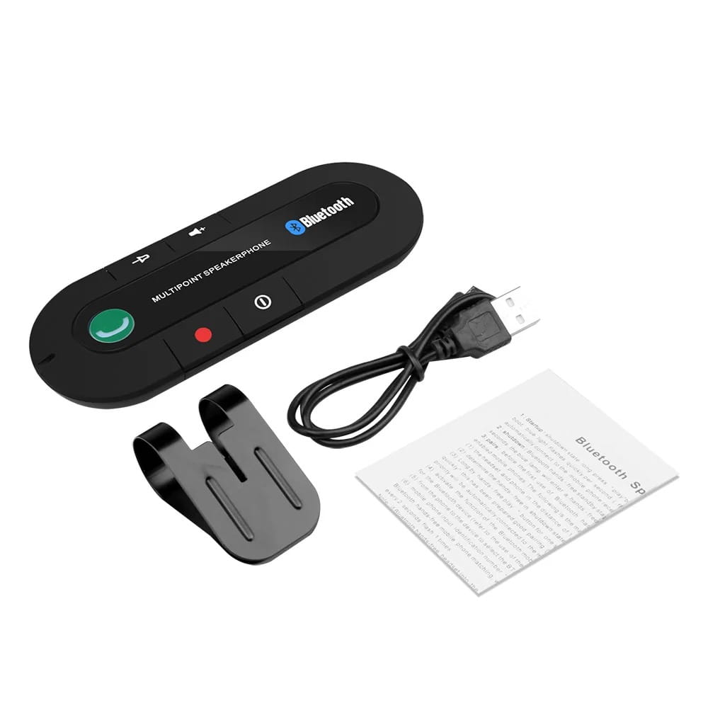 Black Bluetooth car speakerphone wireless visor kit featuring multipoint connectivity with a green call button and red power indicator.