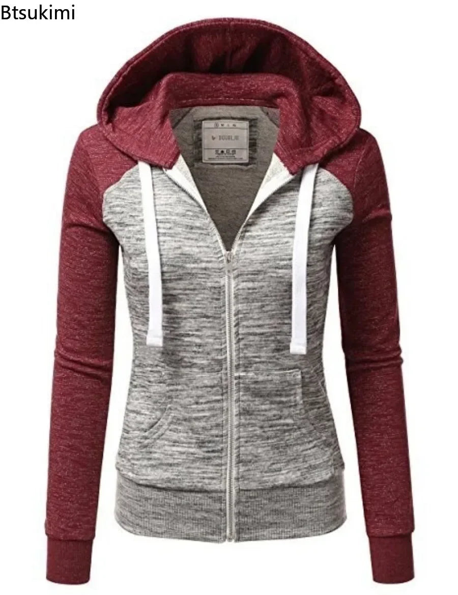 2026 Women's Long Sleeve Hoodies Fashion Splice Design Hooded Drawstring Sport Zip-up Coats Women Casual Color Block Sweatshirts