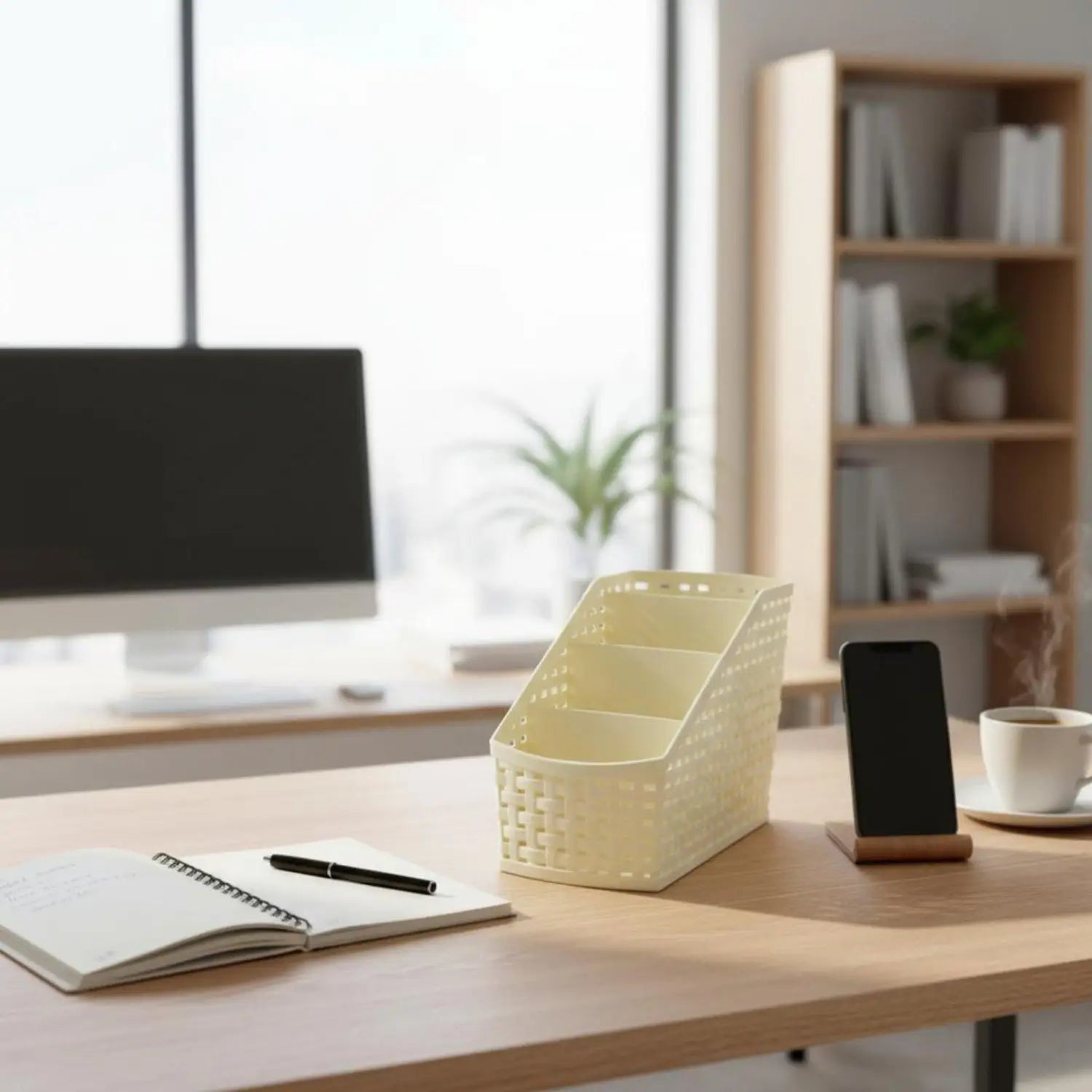 Cream-colored plastic desk organizer with a woven texture and three compartments designed for slanted storage.