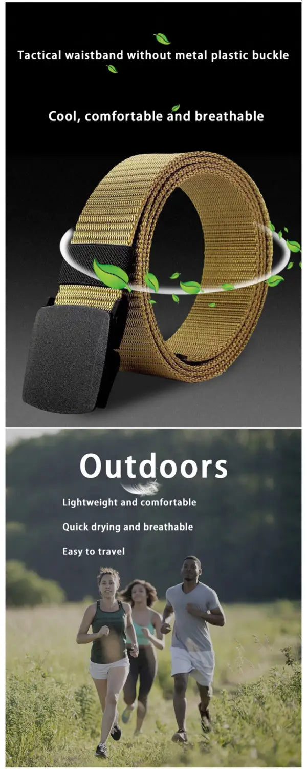 cinturón táctico de nailon color caqui con hebilla de plástico negro mate, diseñado para uso al aire libre y comodidad.