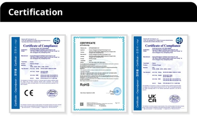three official compliance certificates with ce rohs and ukca logos printed on white paper with blue borders for a wireless charging alarm clock with night light thermometer and wireless charging function.