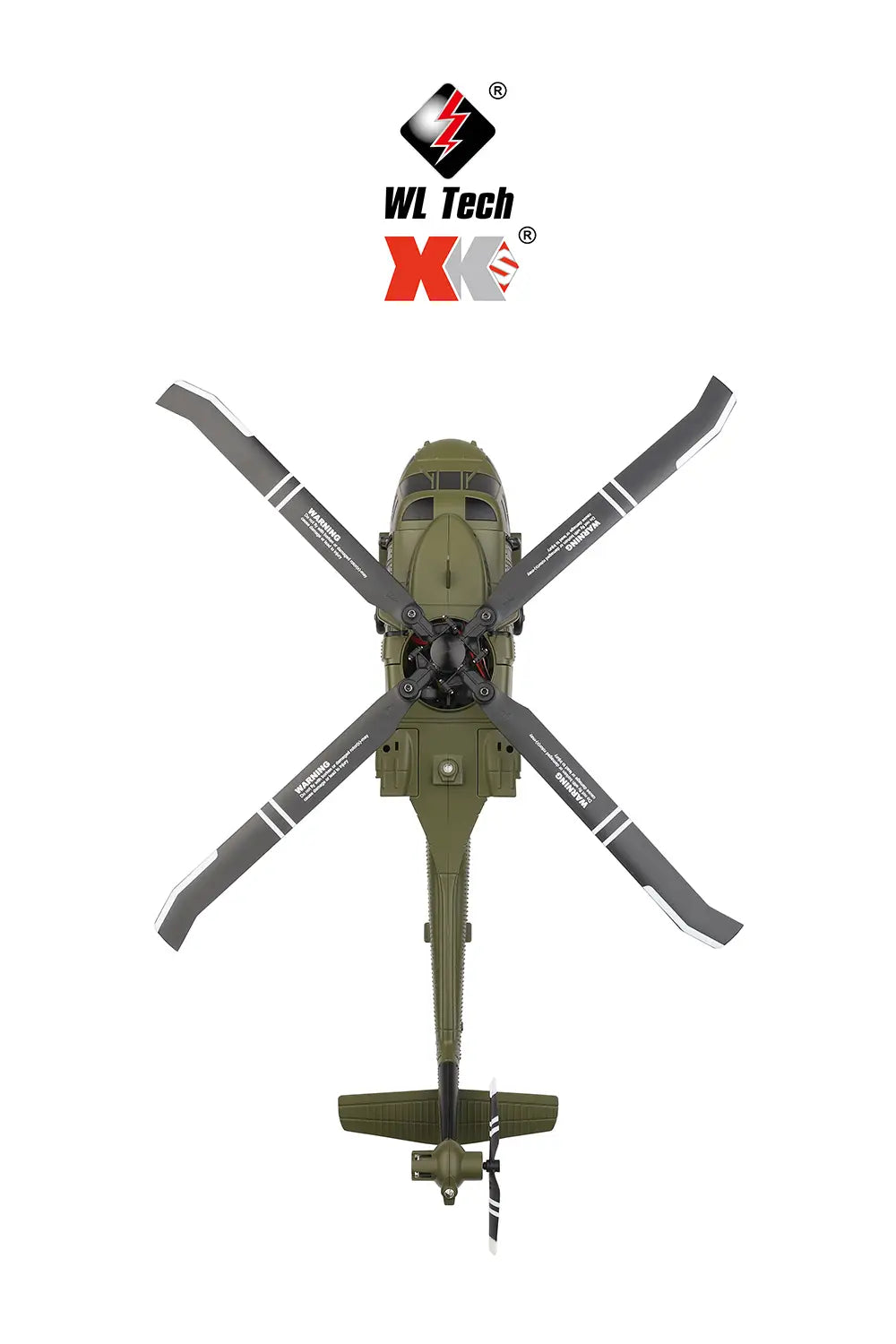 Olive green wltoys k170 uh-60l remote control helicopter with black and white striped rotor blades featuring an 800mah 20c battery for extended flight time.