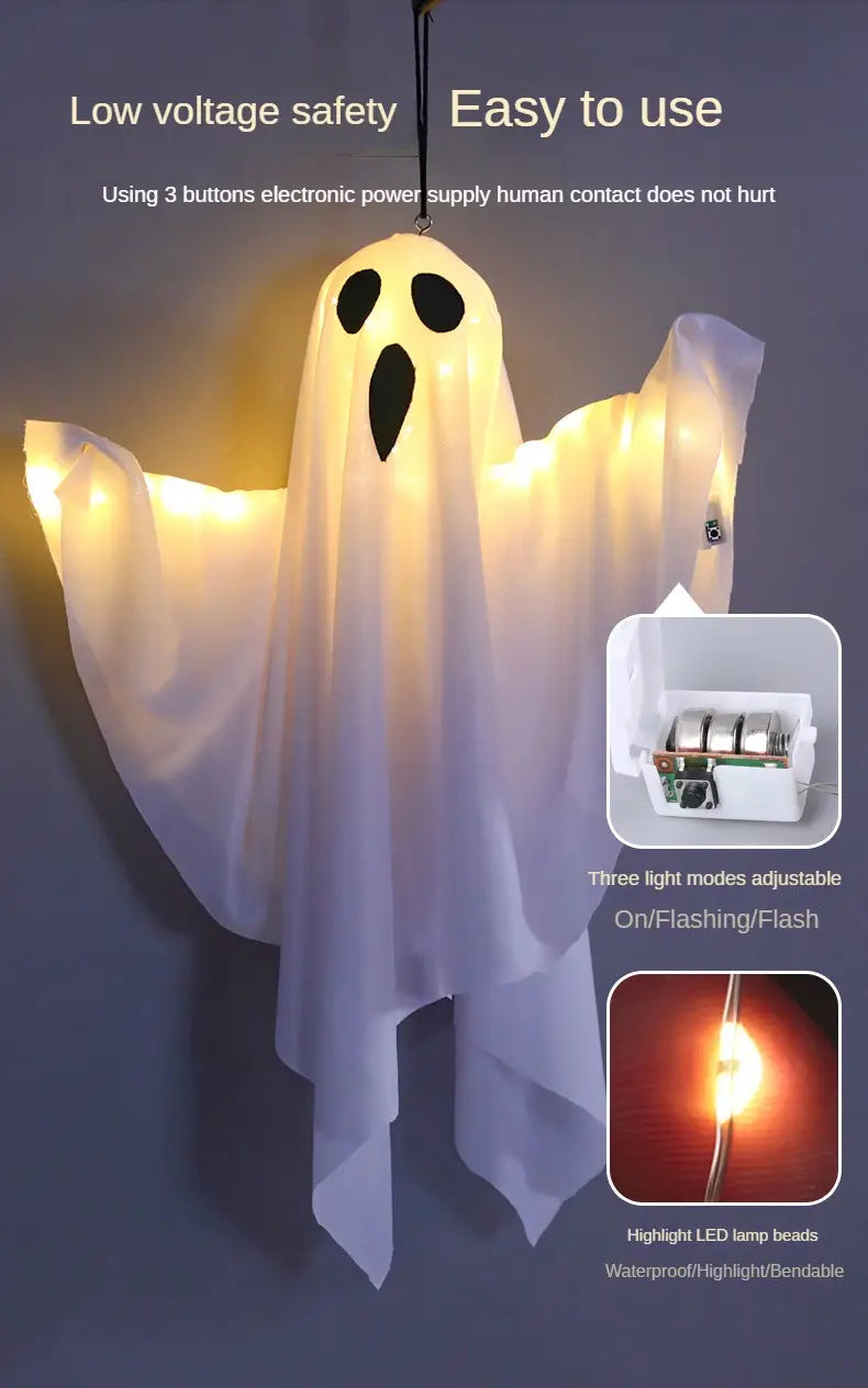 Décoration d’Halloween en forme de fantôme translucide blanc, fabriquée dans un matériau durable, avec des lumières LED lumineuses pour une utilisation suspendue.