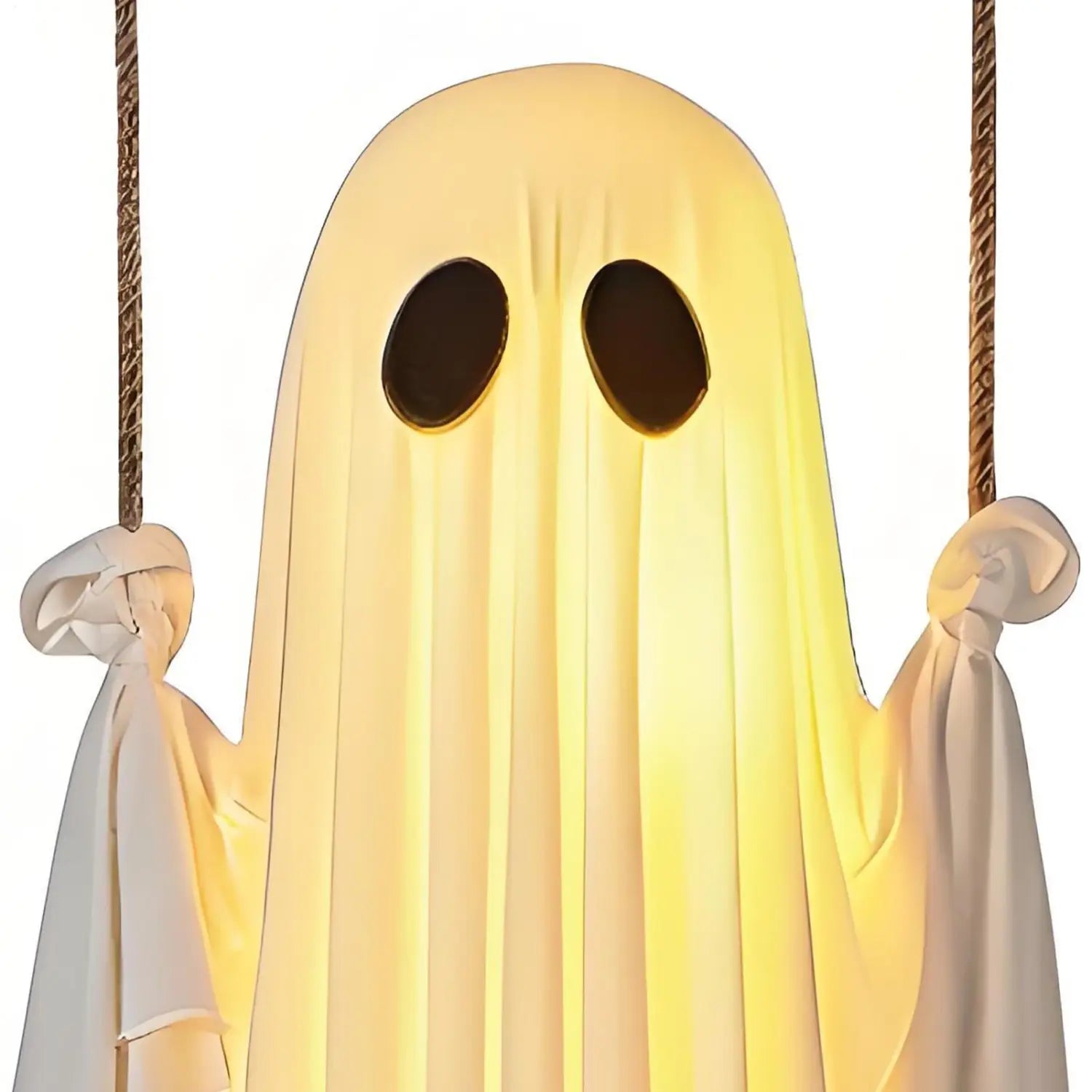 decoración de fantasma colgante oscilante iluminada con una figura de fantasma amarillo luminoso, ojos ovalados negros y tela en movimiento, colgada de cuerdas para decoración exterior de Halloween.