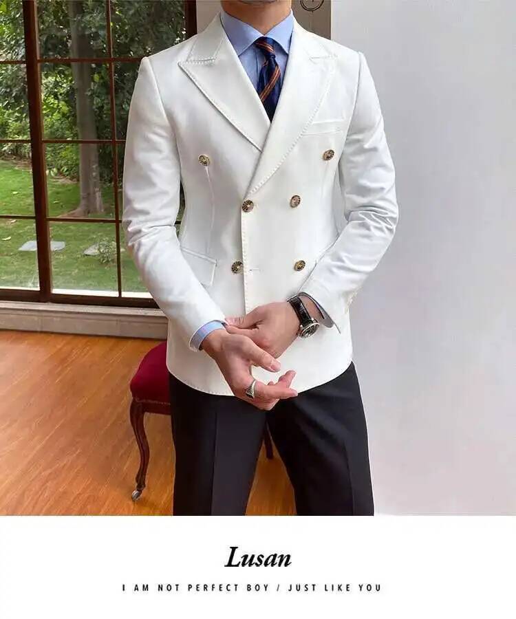White double breasted slim fit men blazer jacket with gold toned buttons and tailored fit designed as a slim fit blazer for formal occasions