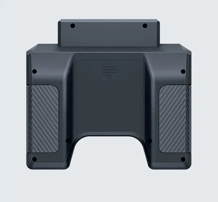 Black carbon fiber-textured side panels flank a matte gray central body on the sleek angular hotrc ht-8a remote control transmitter kit with integrated power supply.