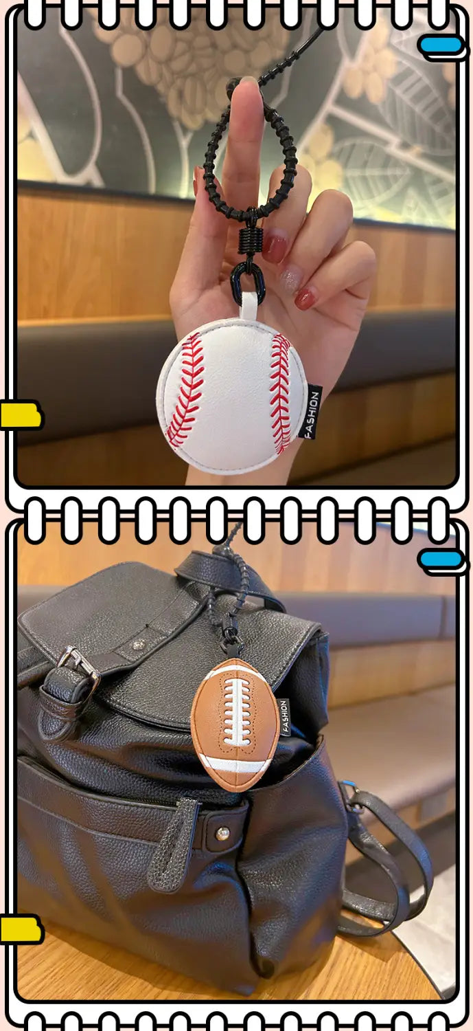 white leather baseball-shaped keychain with red stitching and black braided cord designed as a sports ball bag charm