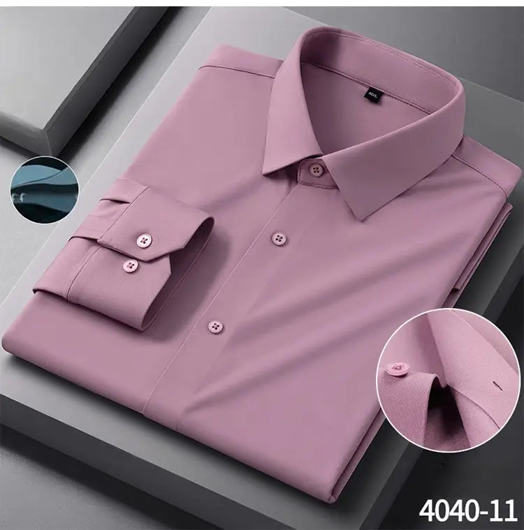 A neatly folded men’s slim fit nylon formal dress shirt in soft lavender featuring a classic button-down collar and matching button cuffs.