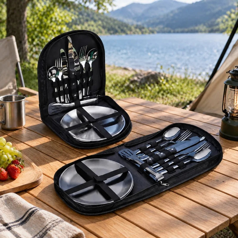 Camping and Travel Dining Set for Two with Plate and Cutlery Including Fork, Knife, and Spoon