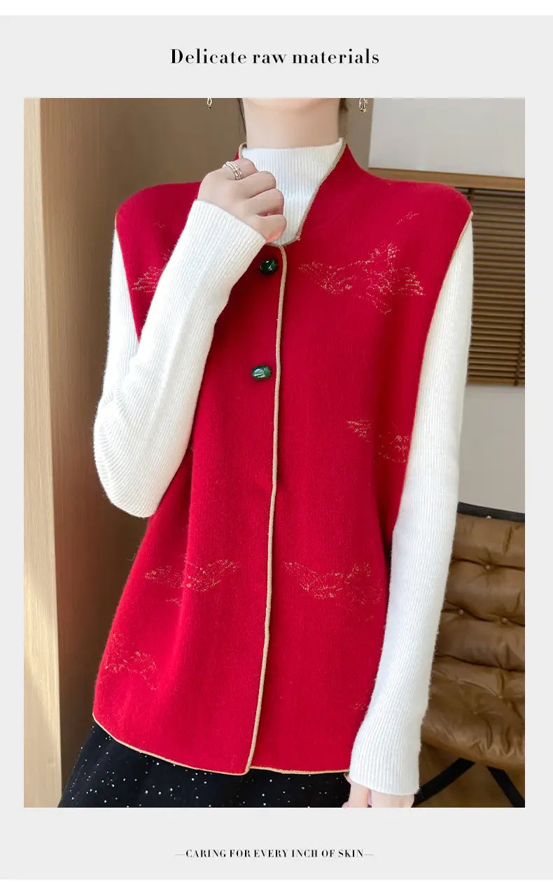 red wool embroidered vest for women featuring a knitted design with subtle patterns and white long sleeves