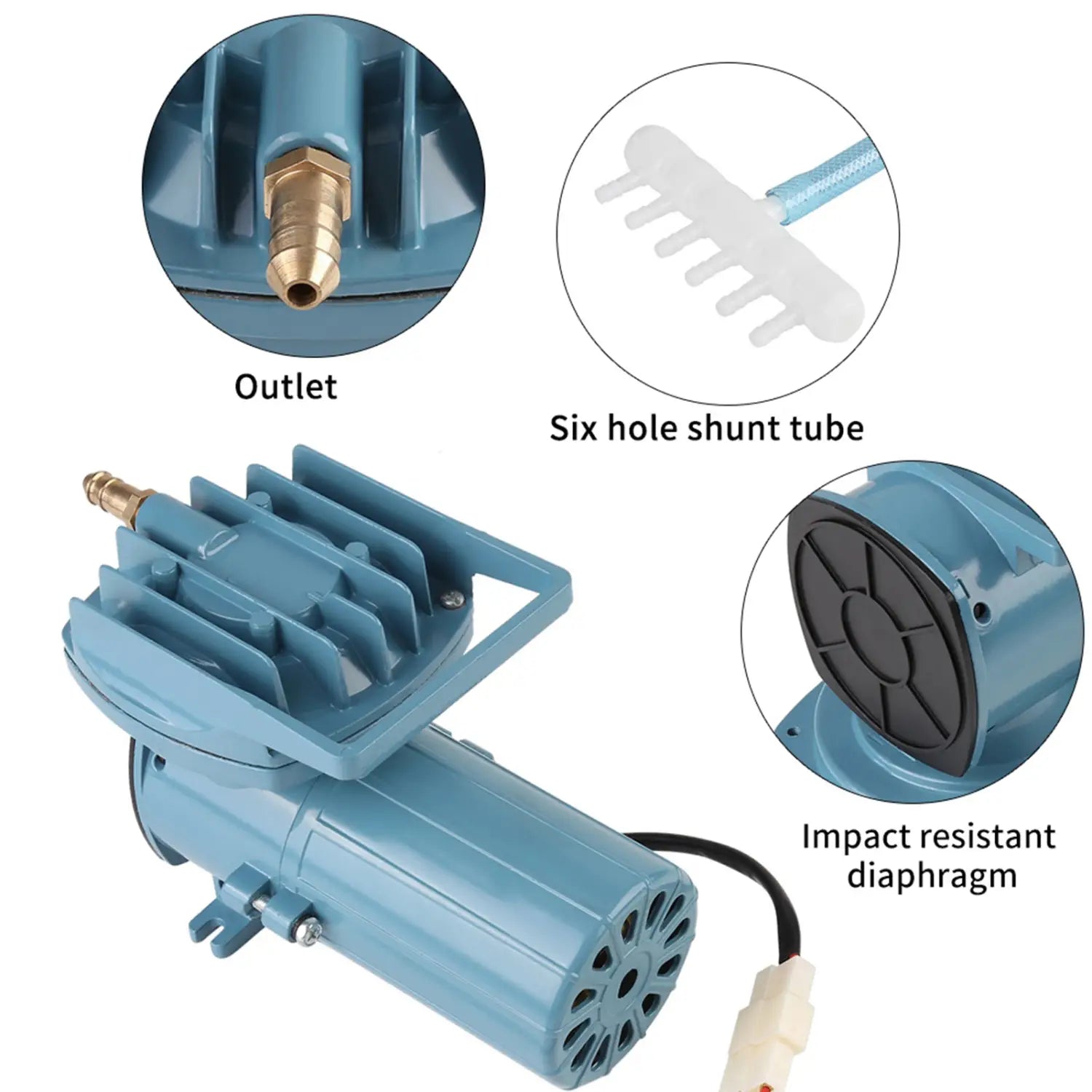 Blue plastic 12v 35w air pump for fish pond and aquarium with brass outlet and impact-resistant diaphragm.