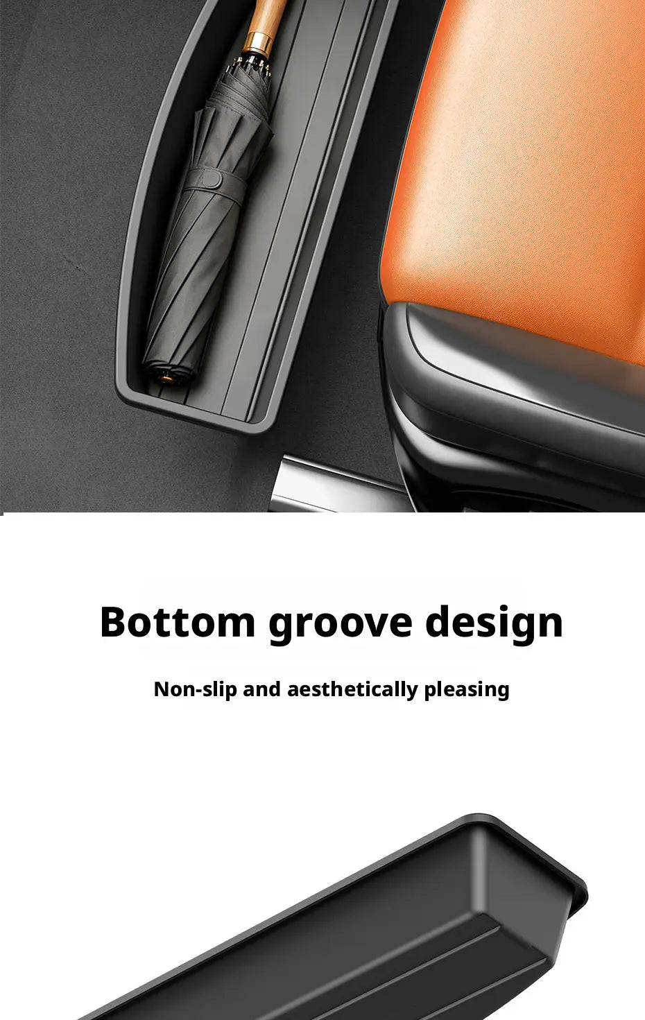 Black plastic under seat car storage organizer box shown from the back with a bottom groove design for secure umbrella holding.