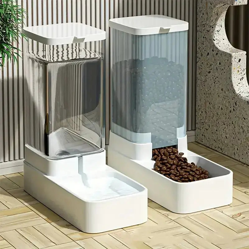 white plastic water dispenser and gravity pet feeder set with transparent side panels and hinged lid for automatic food storage and dispensing