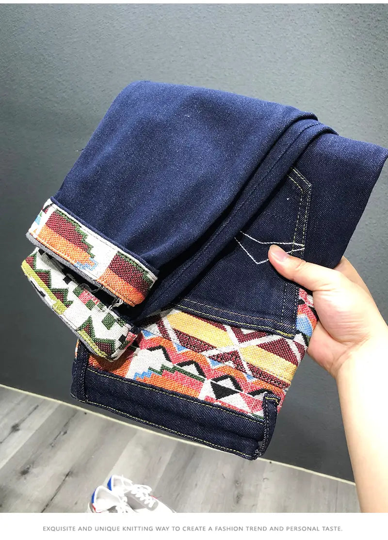 men slim fit stretch embroidered white denim jeans in dark blue with colorful geometric patterned cuffs