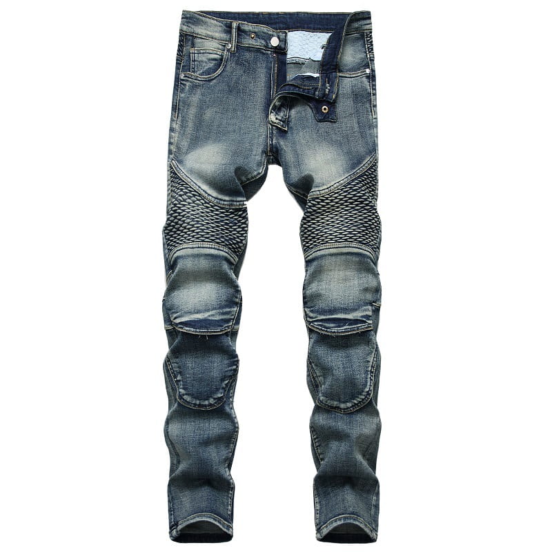 Men’s protective motorcycle denim jeans in blue featuring reinforced textured mesh panels on the thighs and knees.