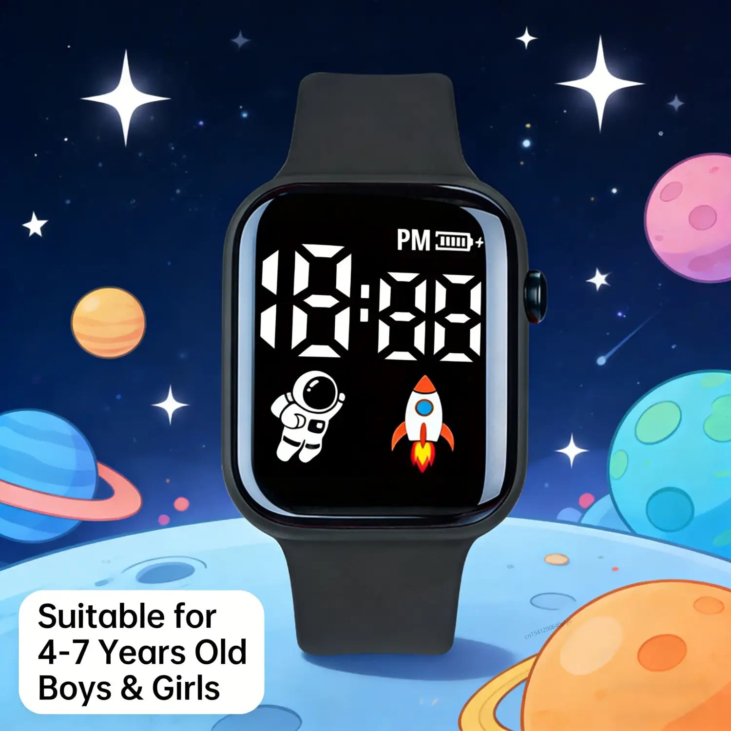 Montre électronique noire pour enfants, garçons et filles, avec affichage numérique sportif LED à thème spatial et un design d’astronaute et de fusée.