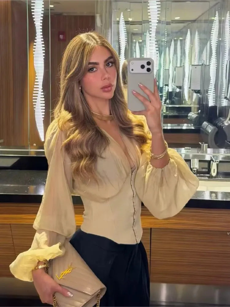 Women's Shirt New 2026 Summer Casual V Neck Long Sleeve Women Corset-Style Combined Blouses & Shirts Chic Female Tops