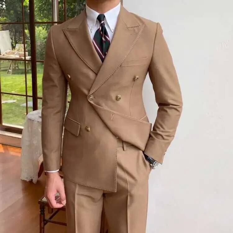Ha6f49394339e49cfaface364bf77106ek.jpg beige double breasted slim fit blazer jacket with gold toned buttons and tailored fit for men.
