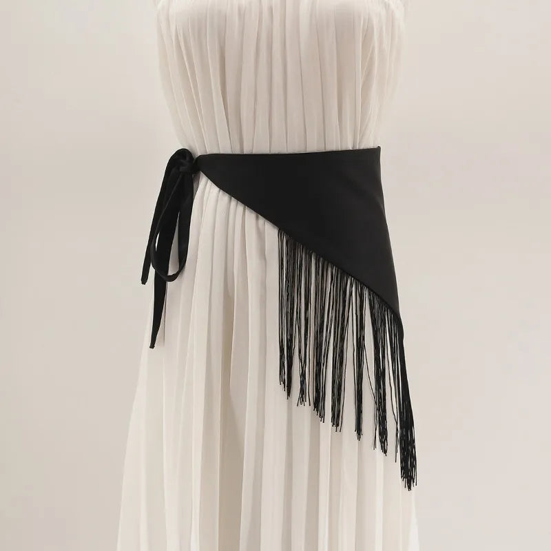 Women's Elegant Black Fabric Waist Belt with Fringe Tassels for Dresses Shirts and Skirts Dress Waist Cover for Women