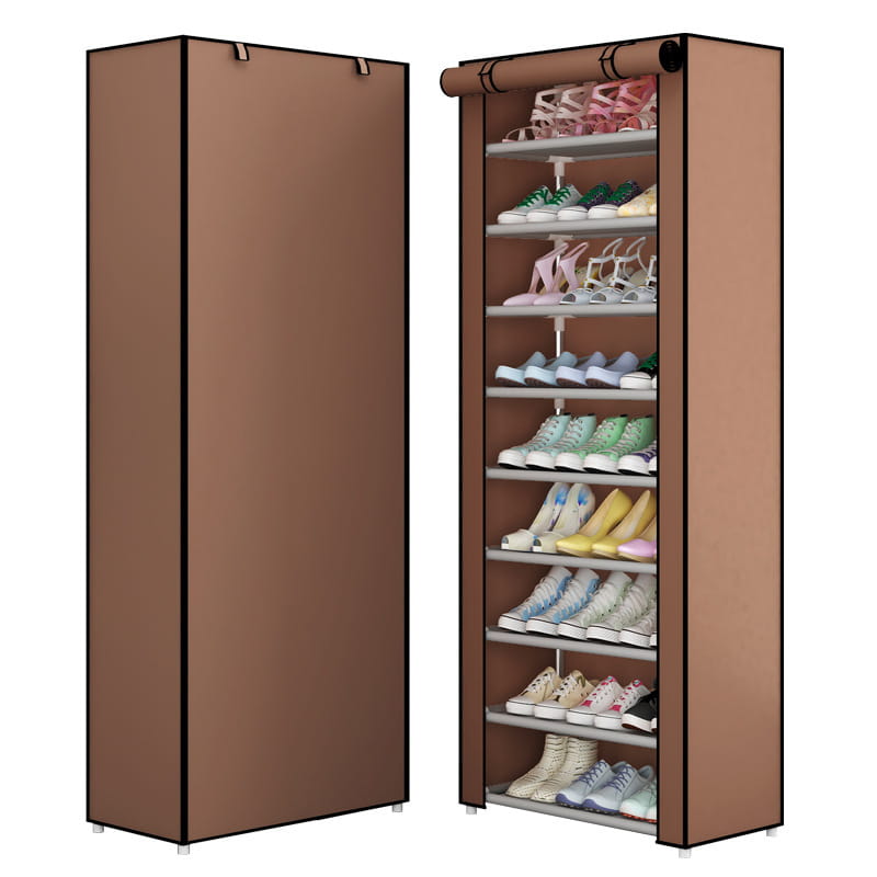 Meuble de rangement pour chaussures en tissu beige, étagère de rangement pour chaussures, organisateur d’armoire avec plusieurs étagères et dessus à enrouler pour le rangement des chaussures.