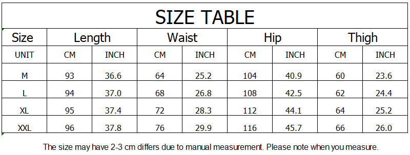 Größentabelle mit Maßangaben in Zentimetern und Zoll für Sommerhosen mit weitem Bein und floralen Mustern für Damen in den Größen M bis XXL.