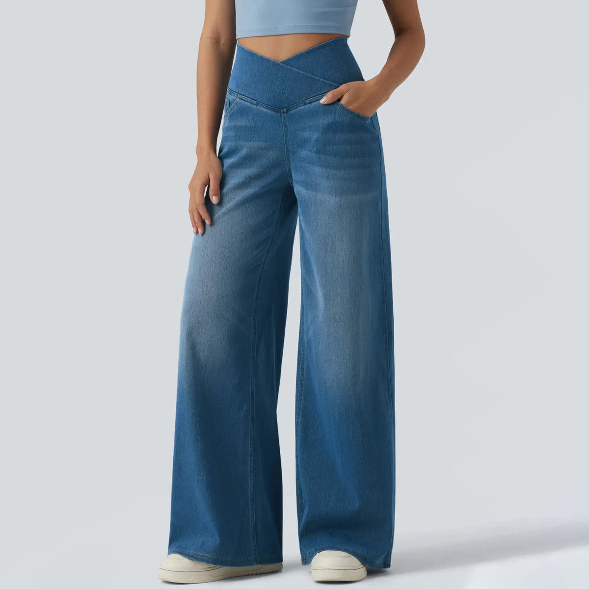 Fashion Women Cross V High Waist Washed Denim Wide Leg Pants Elastic Soft Jeans Casual Daily Loose Full Length Stretch Trousers