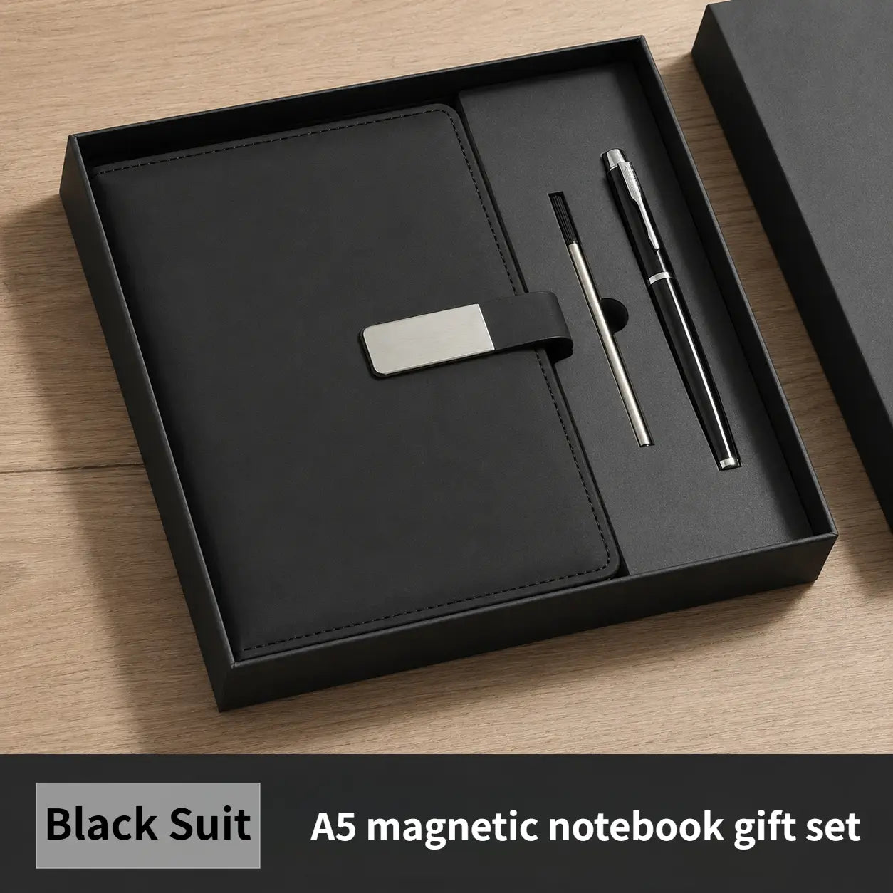 Black a5 lined leather journal gift set for men featuring a magnetic notebook with a sleek leather finish and silver metal clasp presented in an elegant gift box with matching pens.