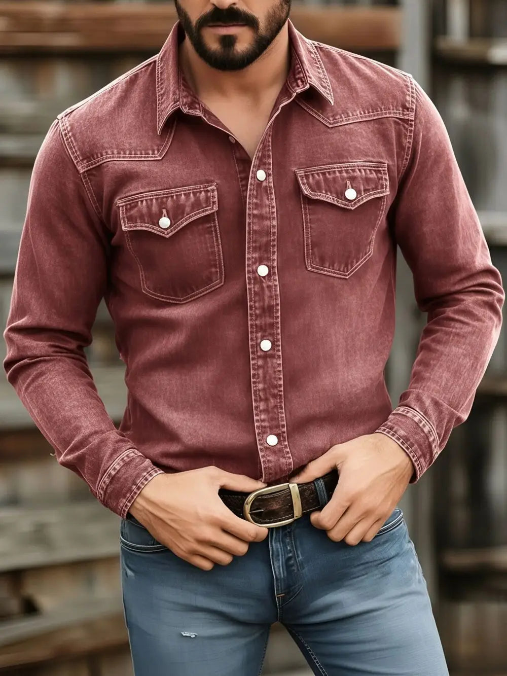 A maroon denim long-sleeved men’s vintage shirt with two chest pockets and white buttons suitable for casual workwear.