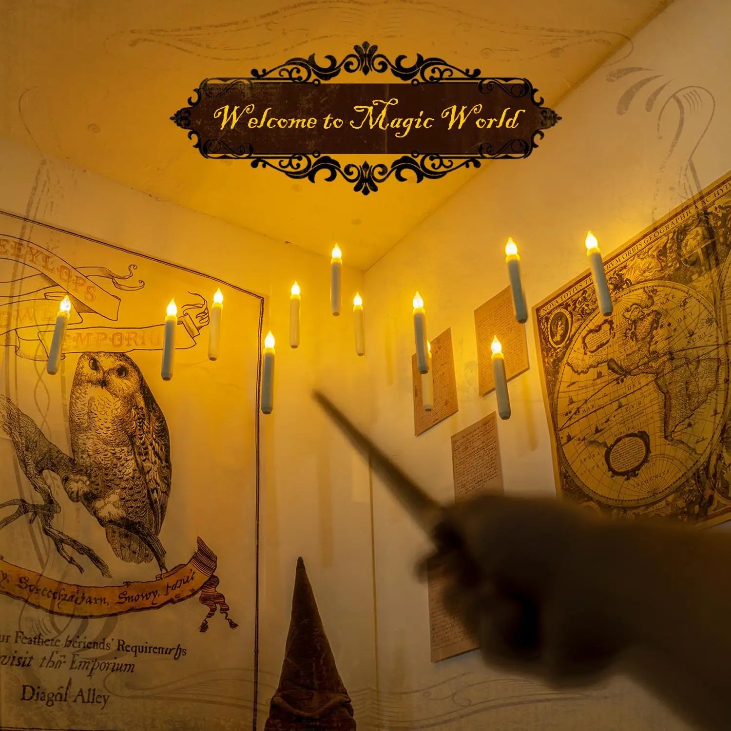 A hand holding a dark wooden wand with a pointed tip positioned as if casting a spell in front of a warmly lit room featuring floating candles with magic wand remote.
