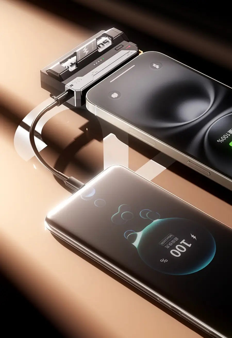 戦術用5000mAhモバイルバッテリー急速充電器と並んで示された、なめらかに湾曲したガラス背面とメタリックフレームの黒いスマートフォン。作業日中の納品において好意的な評価で知られています。