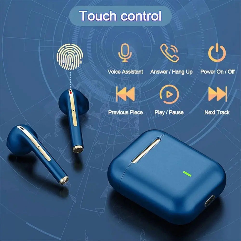 blue wireless noise cancelling earbuds with gold accents and touch control functionality alongside a matching charging case featuring bluetooth 5.3 technology