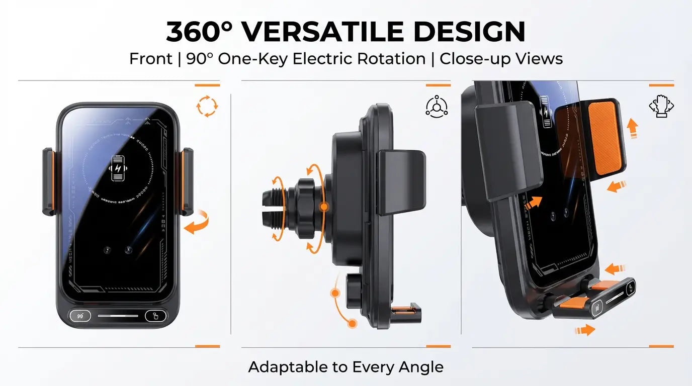 Black and orange wireless car phone charger 15w mount with electric 90-degree rotation for versatile viewing angles.