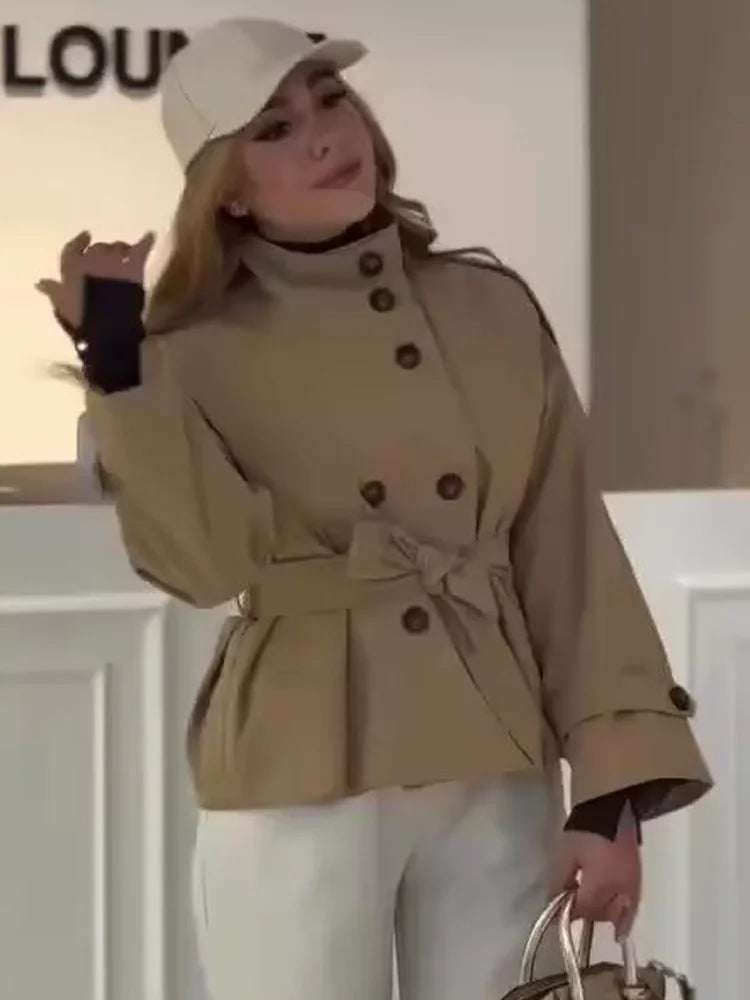 HH Female New Fashion Double-breasted Lace-up Trench Pockets Coat Long Sleeve Jacket Women Autumn Casual Street Short Coat