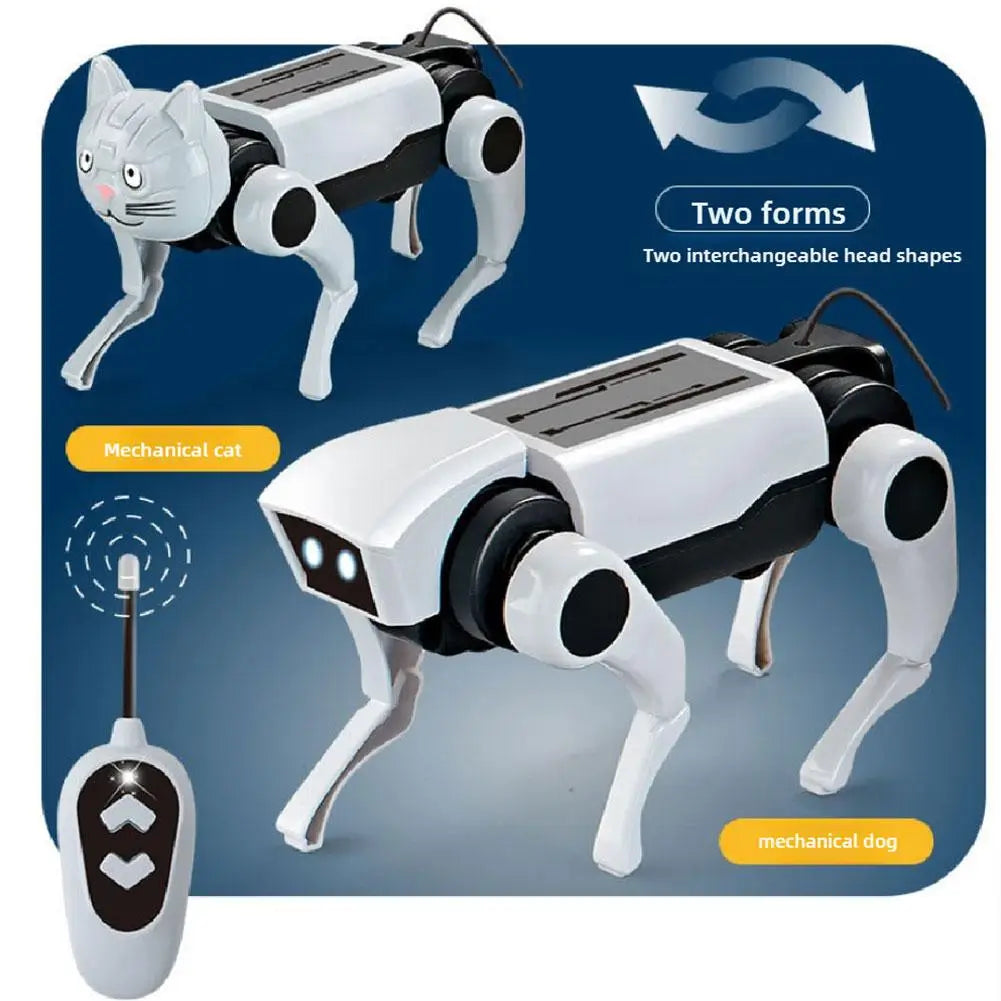 white and black remote-controlled mechanical dog and mechanical cat toy with interchangeable heads for an electronic robot dog pet