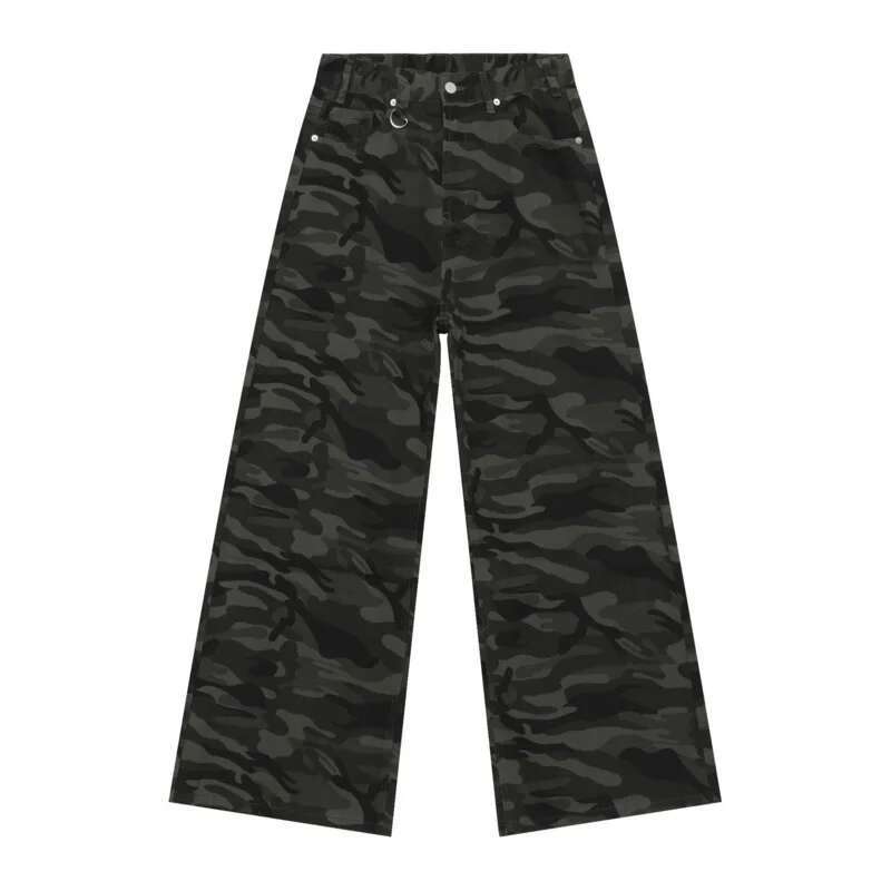 Iefb camouflage wide leg denim jeans in black camouflage pattern featuring a relaxed fit and classic denim construction.