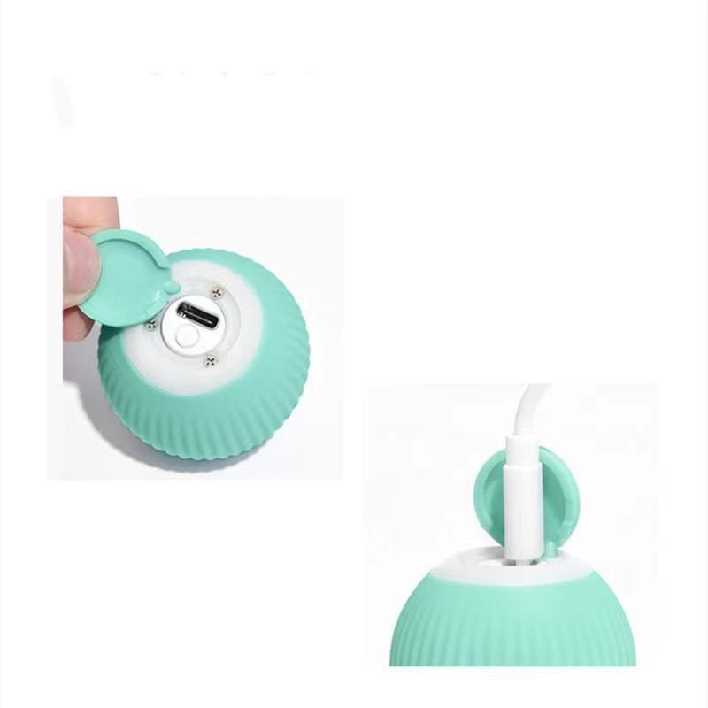 Lámpara de escritorio de silicona color verde menta con textura acanalada y un puerto de carga USB blanco, que se muestra junto con una bola de juguete para gato automática e interactiva con rodadura.