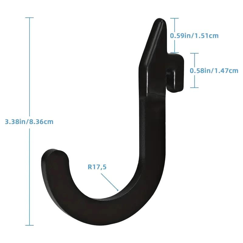 Black plastic j-shaped squat rack storage hook with flat mounting plate for heavy duty weight holder is shown from the back side.