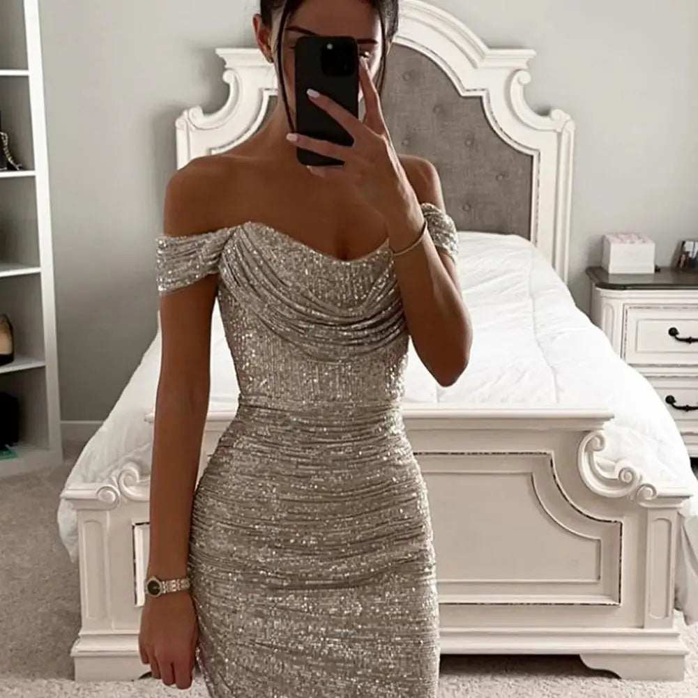 Women Christmas Party Dress Sequined Irregular Hem Evening Dress Low-cut Prom Wedding Party Formal Slit Hem Ladies Midi Dress