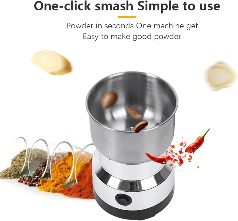 electric coffee and spice grinder blade mill made of stainless steel with a sleek cylindrical design and black base for efficient grinding.
