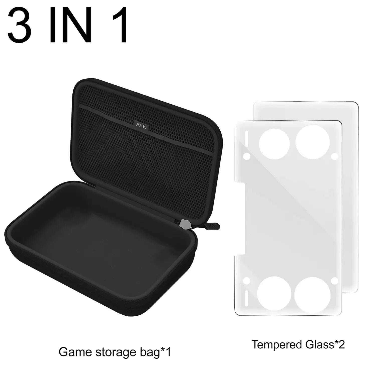 Black Ayn 3-in-1 game storage bag with mesh interior and zipper closure accompanied by two tempered glass screen protectors from the Ayn Thor 4-in-1 accessories combo kit.