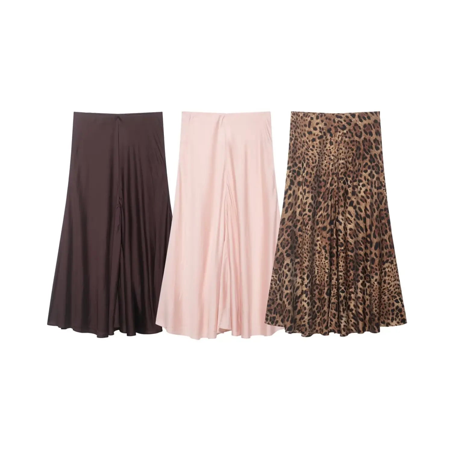 Drei satinierte Plisseeröcke im Midi-Format mit hoher Taille, A-Linien-Schnitt, in einfarbigem Braun, zartem Soft-Pink und Leopardenmuster.