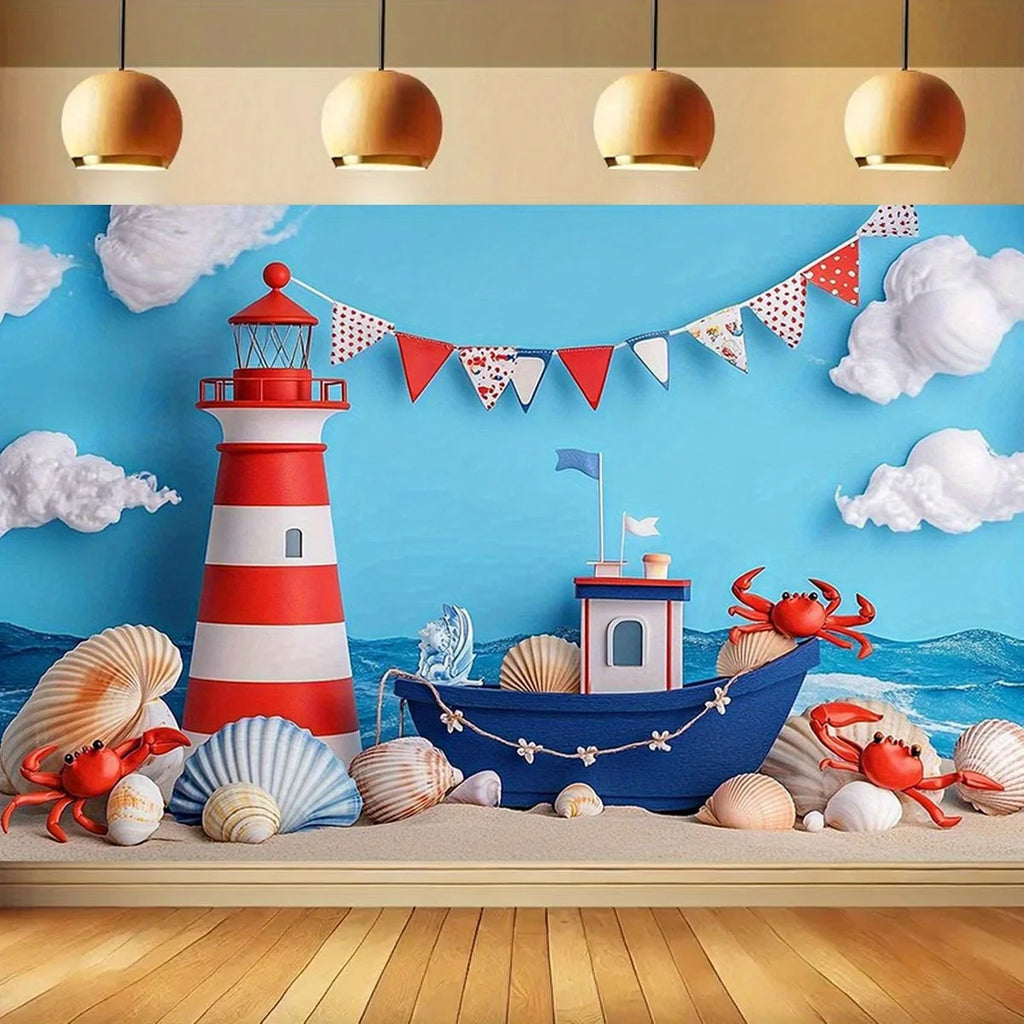 1 children's birthday background cloth with a nautical theme - colorful sailboats, lighthouses, shells and crab patterns