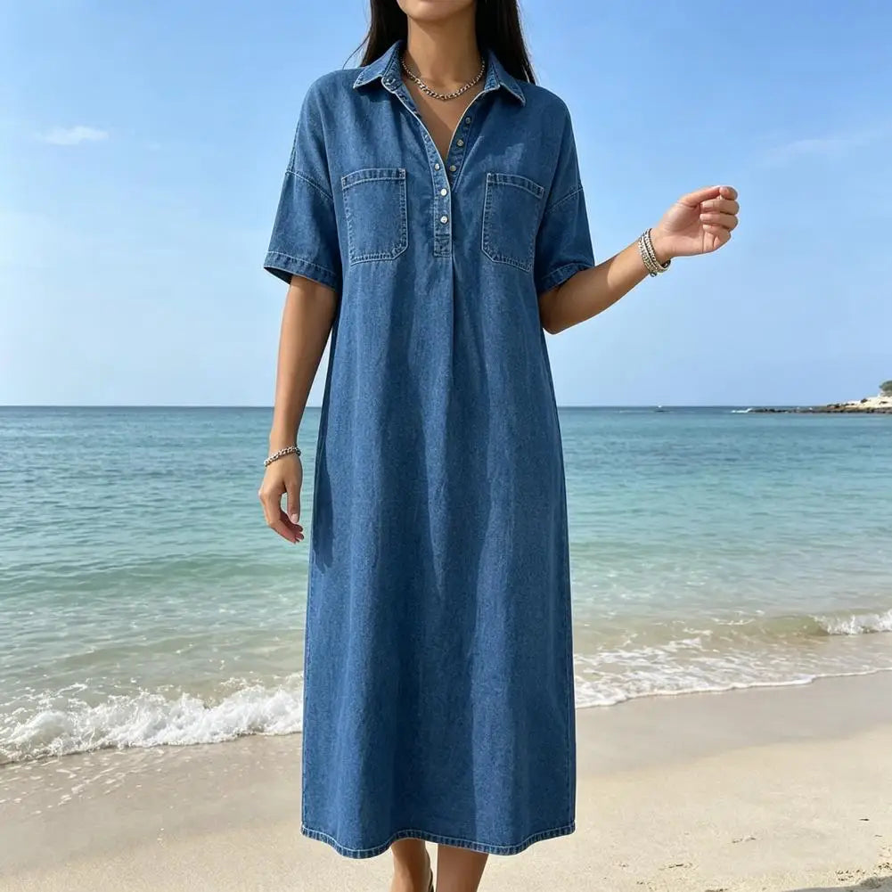Women's Vintage Denim Shirt Dress Casual Short Sleeve Button Up Jean A-Line Long Dress with Pockets Commuting Style Midi Dress
