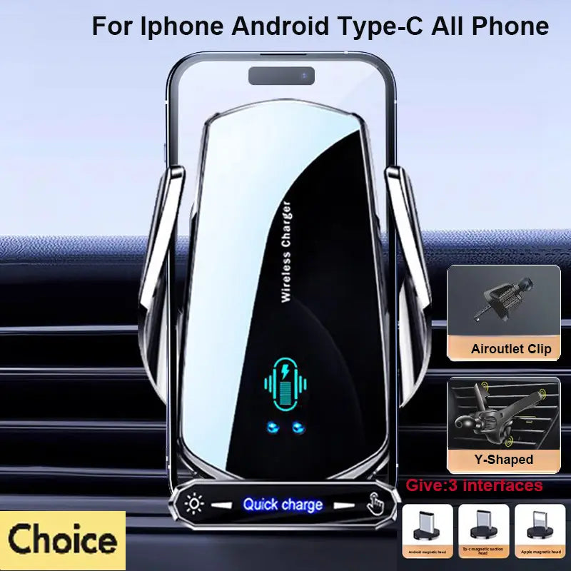 Silver and black wireless car charger phone mount with magnetic clamps for auto clamping compatible with iPhone android type-c and all phones