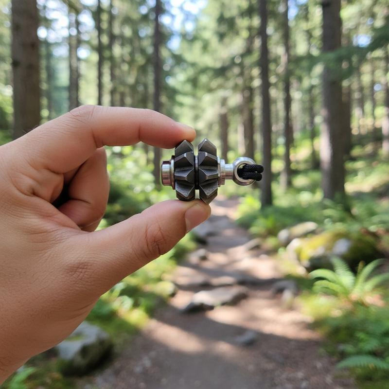 A sleek dark gray metallic gear fidget spinner keychain with a black cord attachment designed as an emergency survival tool.