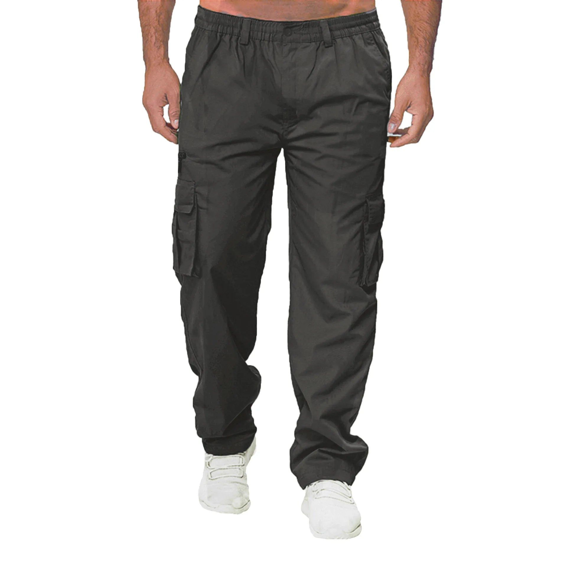 Pantalones cargo casuales holgados para hombre en color negro, con múltiples bolsillos laterales y una cinturilla elástica, para mayor comodidad y practicidad.