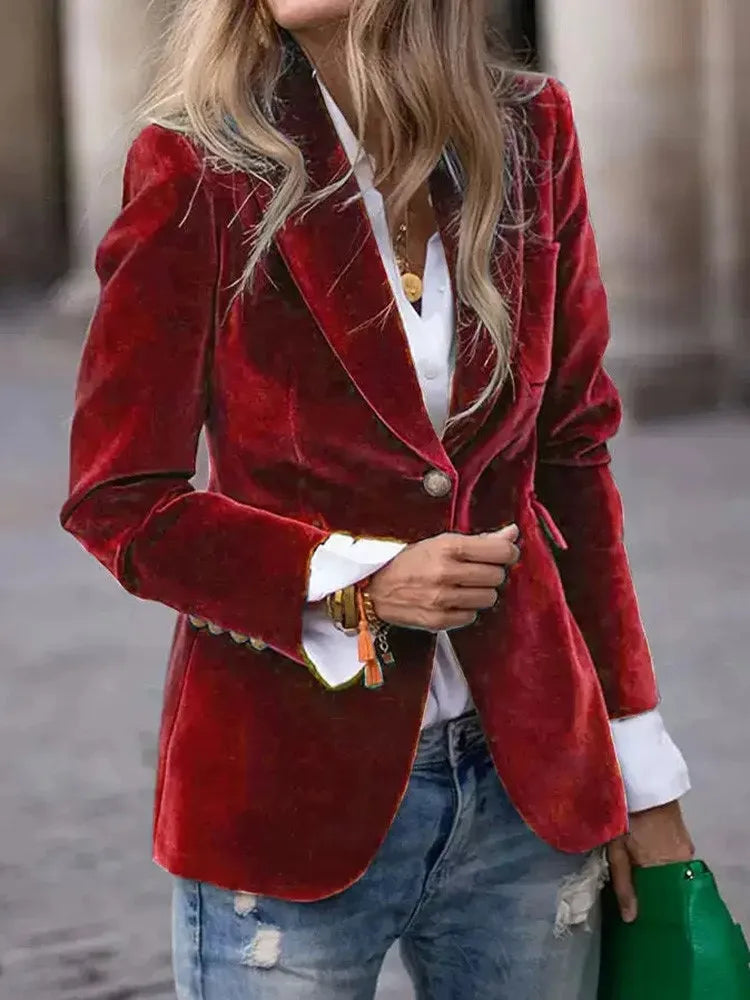 Elegant Velour Blazers Women Retro Single Button Suit Collar Jacket Blazer Coat 2025 Autumn Long Sleeve Simple Fashion Outerwear