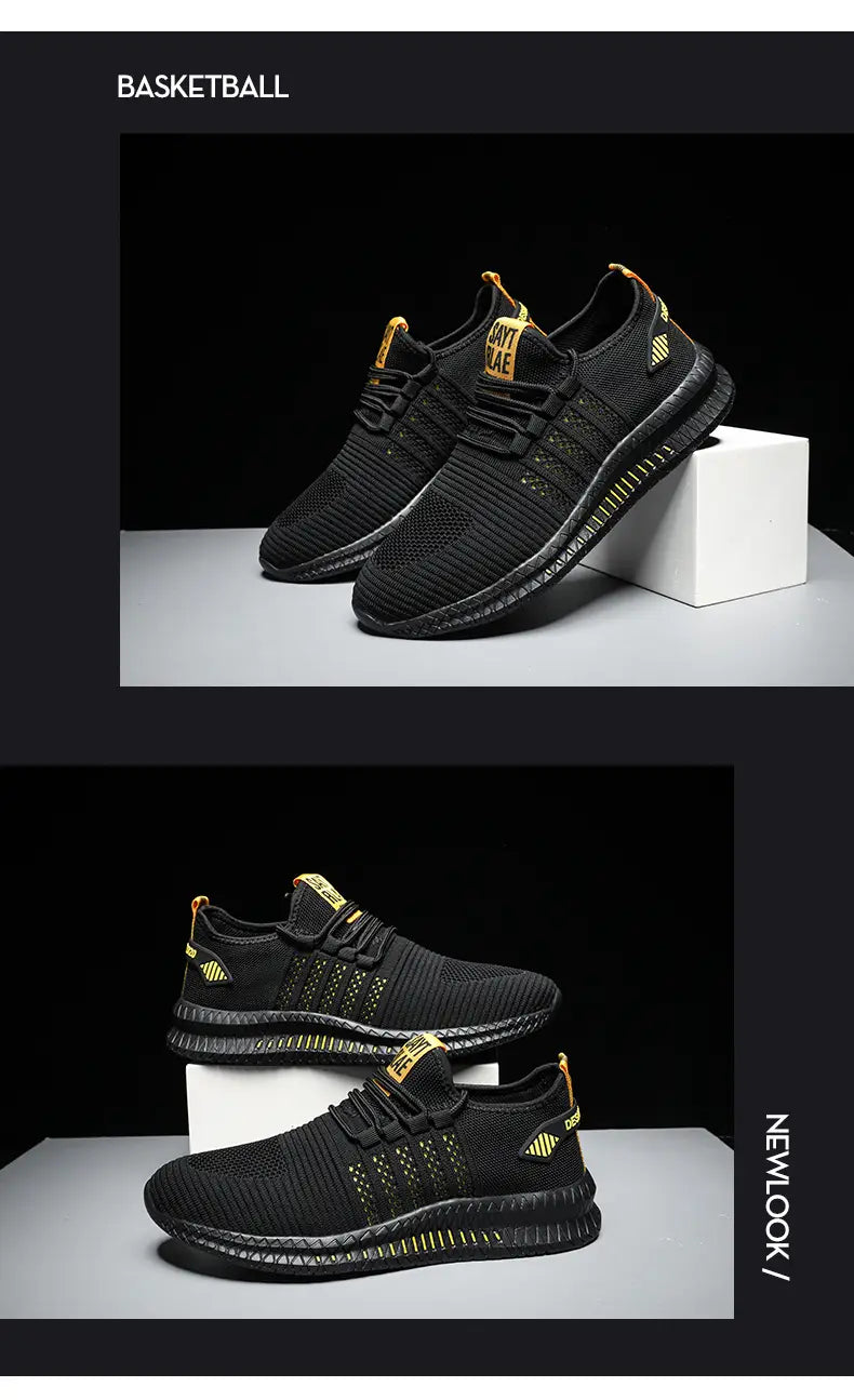 Herren-Atmungsaktive legere Strick-Sneaker in Schwarz mit goldenen Akzenten und einer strukturierten Sohle, ausgelegt für Basketball.